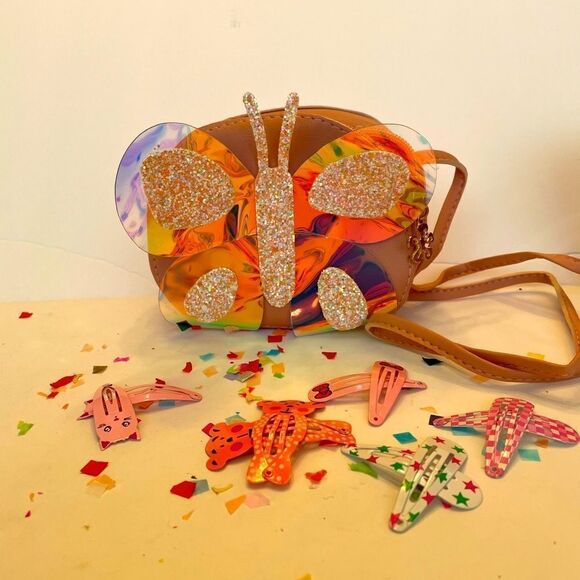 Girl’s Glitter Butterfly Shaped Bag with Coordinating Hair Clips - Picture 1 of 7